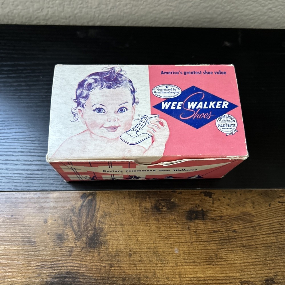1960s Walker Baby Shoes Pair Original Box Vtg White Leather 220-149 Size 1, Used